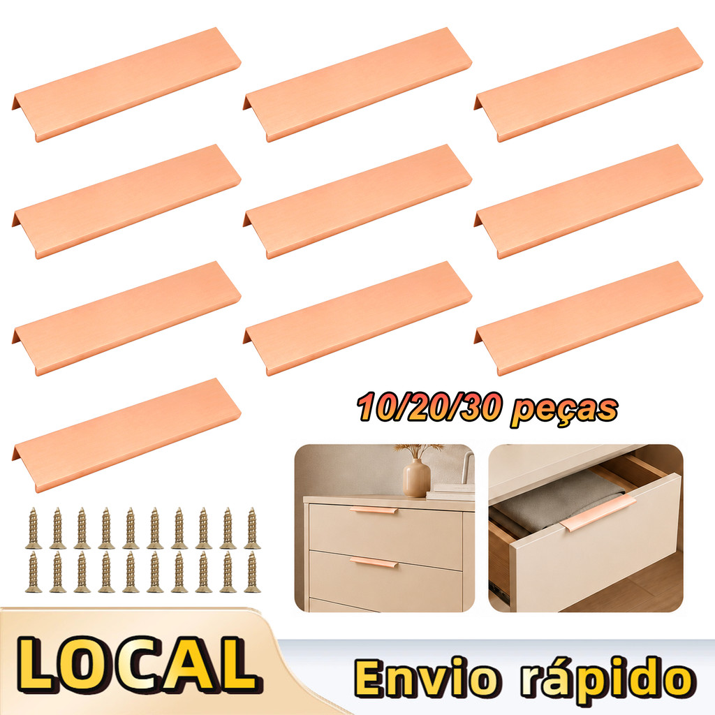 Alça de gabinete embutida em ouro rosa, perfil de alumínio, conjunto de 10/20/30 peças (incluindo parafusos)