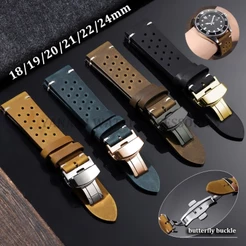 Pulseira De Relógio De Couro Genuíno Poroso 18/19/20/21/22/24mm Respirável Borboleta Fivela Universal Masculina Feminina
