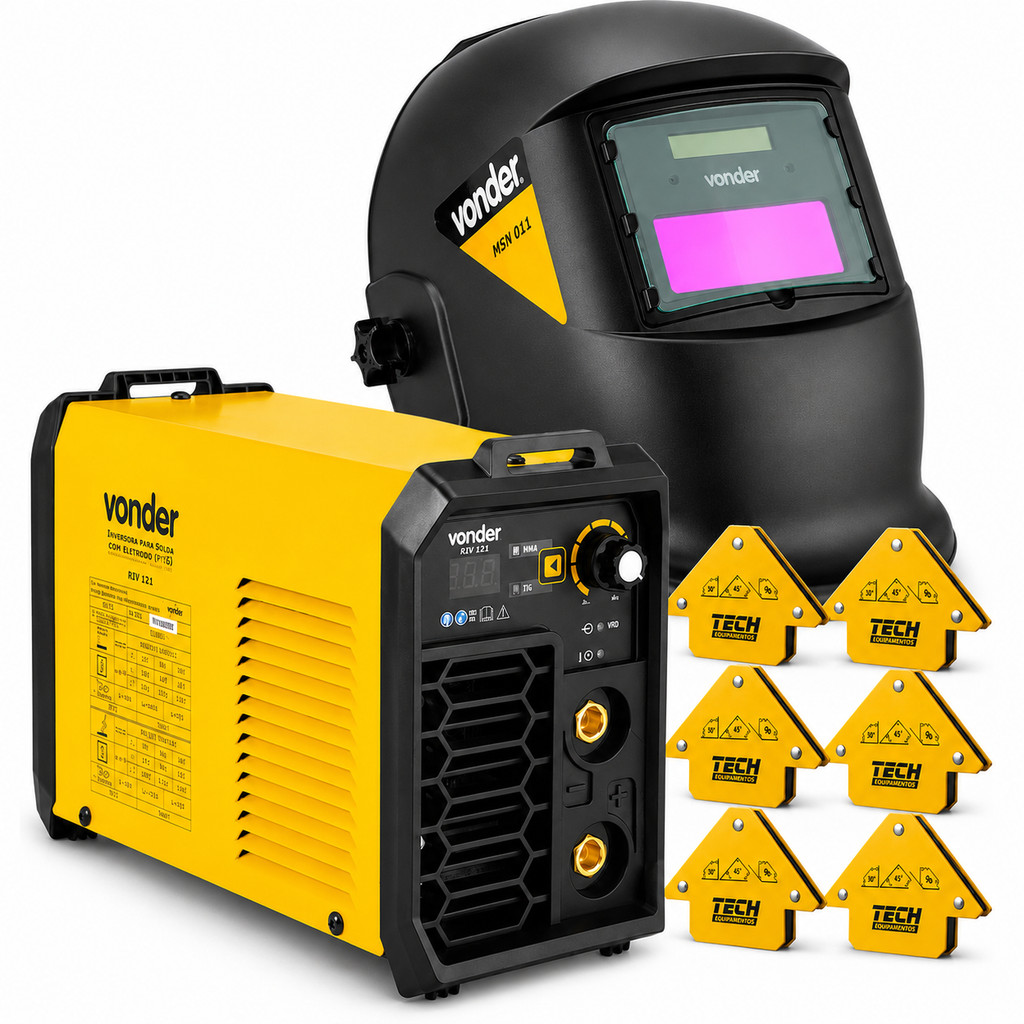 Kit Máquina De Solda Inversora Vonder 120A + Máscara MSN 011 + 6 Esquadros Magnéticos Tech 12kg
