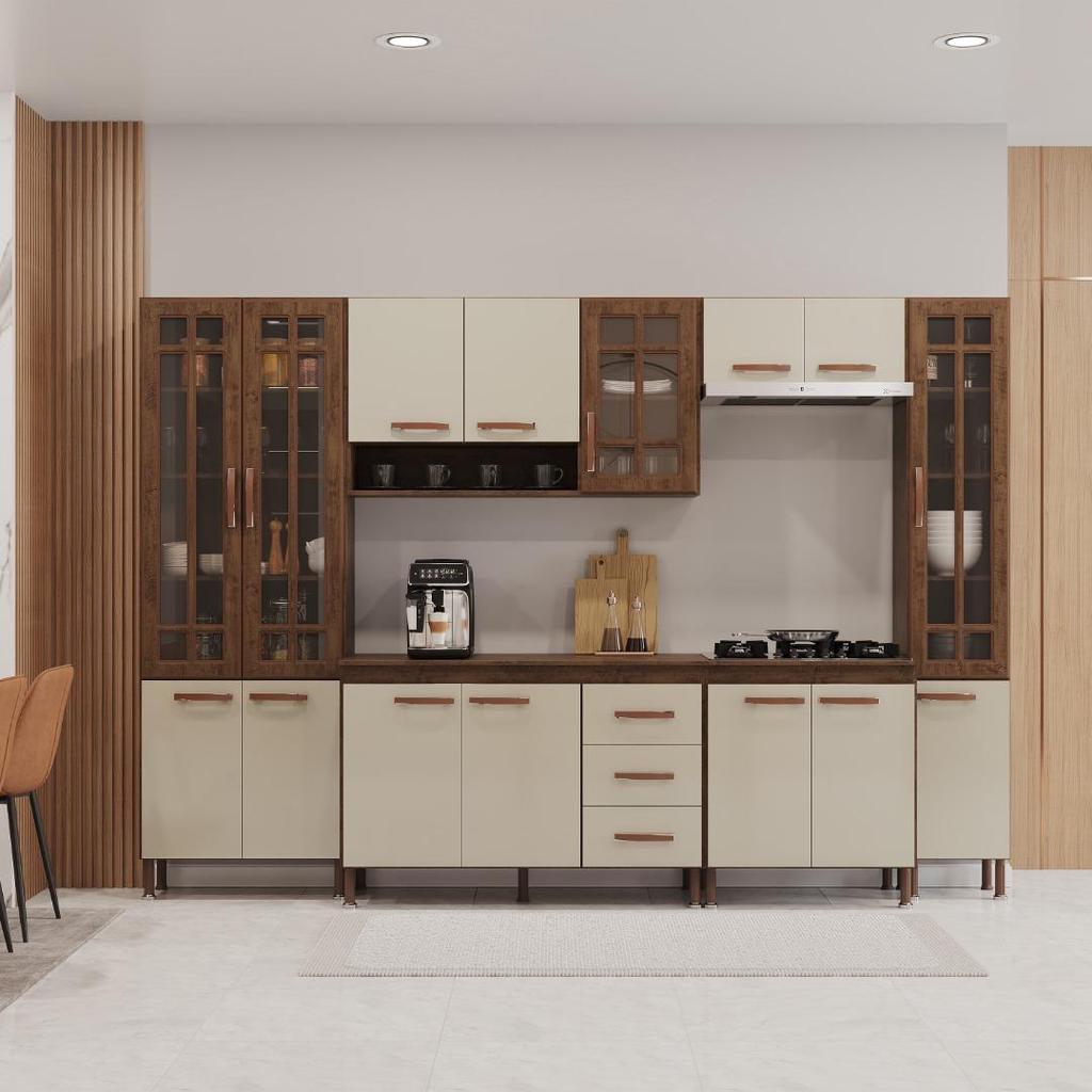 Cozinha Modulada Completa Fidelitá Lisboa 6 Peças 295cm 15 Portas 3 Gavetas Com Tampo Noce/Off-White