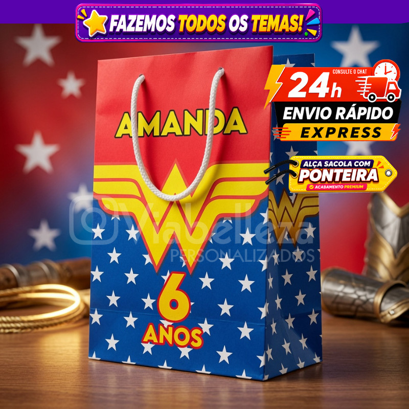 🛍️ Kit Sacolinhas Surpresa Personalizada Lembrancinha de Aniversário Mulher Maravilha Festa Infantil