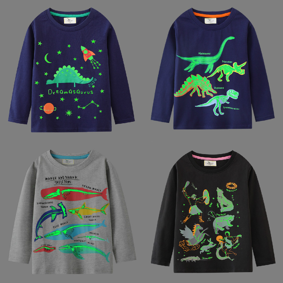 26 primavera outono meninos de manga comprida dinossauro dos desenhos animados topo meninos puro algodão camiseta lumino