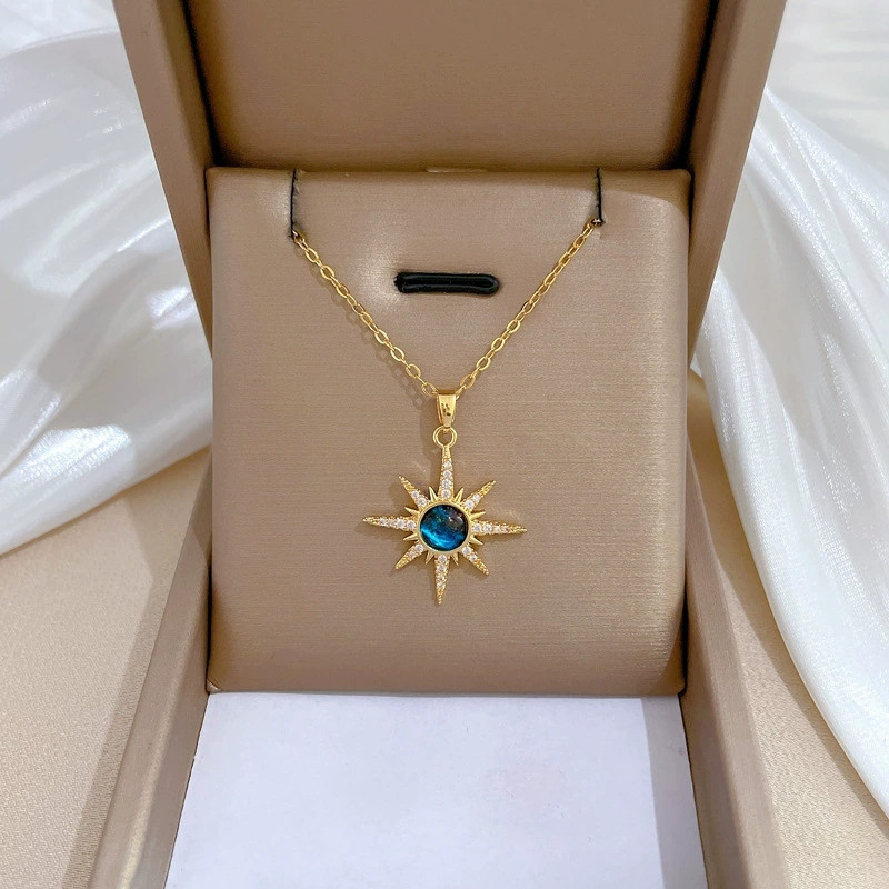 Colar de aço inoxidável, com pingente de estrela e zircônia, elegante e bonito, acessório de joalheria feminina Pre KP6N