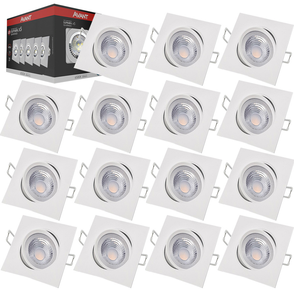 Kit 15 Luminaria Spot Quadrado Embutir 5W Luz Direcionavel Branco Frio 6500K 127v 220v Avant