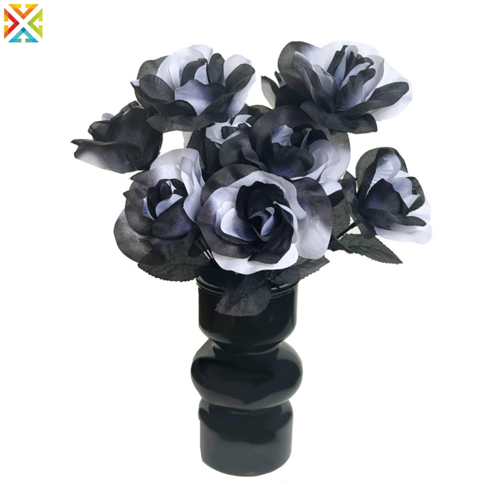 Arranjo Gótico De Rosa Falsa Seda Halloween Preta Preto E Branco Flores Decorativas Góticas Artificiais Para Uso Interno