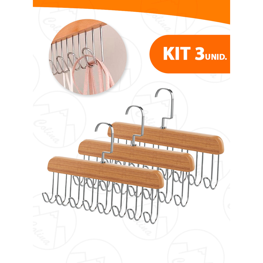 Kit 3 Cabide Madeira Organizador - 8 Ganchos - Gravata Cachecol Bolsa Boné Nano Shop em Oferta na Shopee