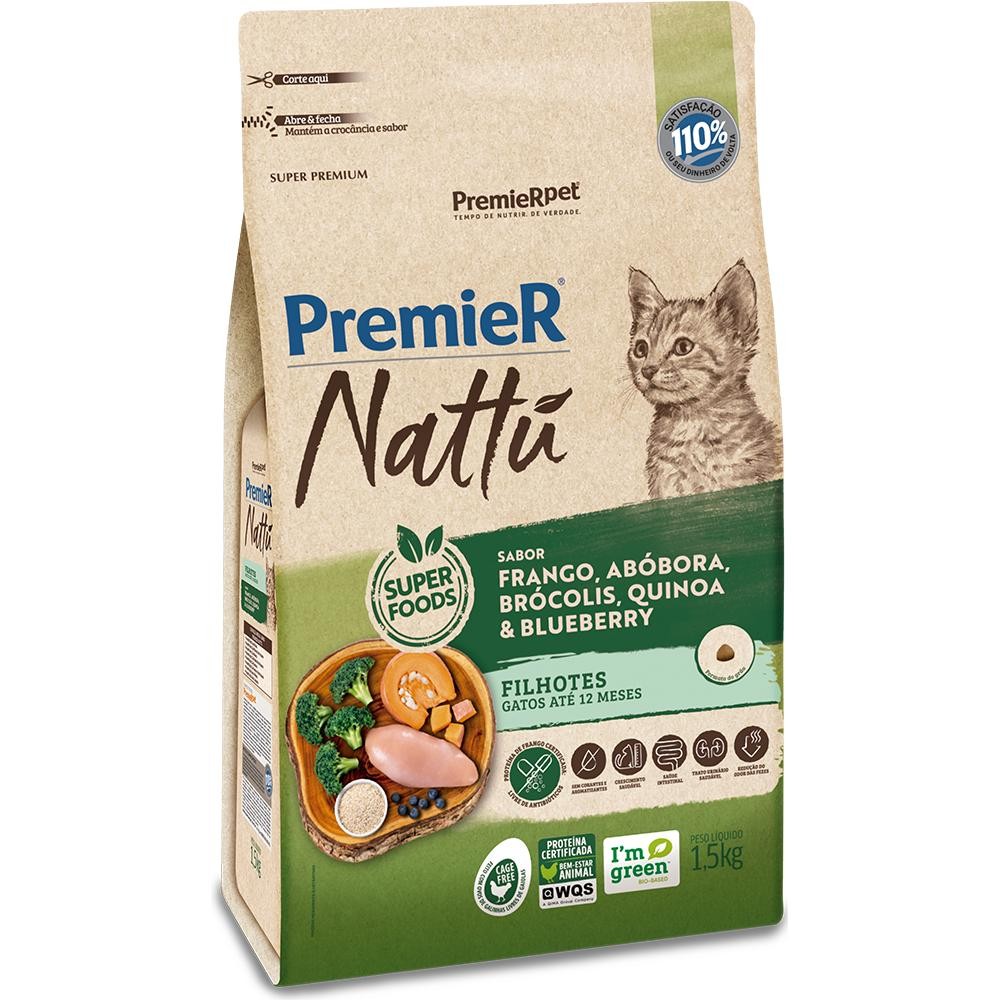 Premier Nattú Frango, Abóbora, Brócolis, Quinoa & Blueberry Para Gatos Filhotes Até 12 Meses 1,5Kg em Oferta na Shopee