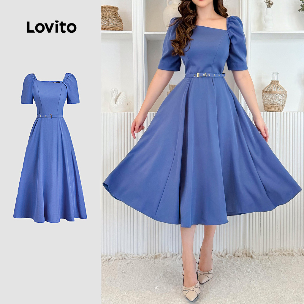 Lovito Vestido Elegante Clássico E Versátil Com Cinto Azul Para a Primavera/verão Para Mulheres L149ED298 em Oferta na Shopee