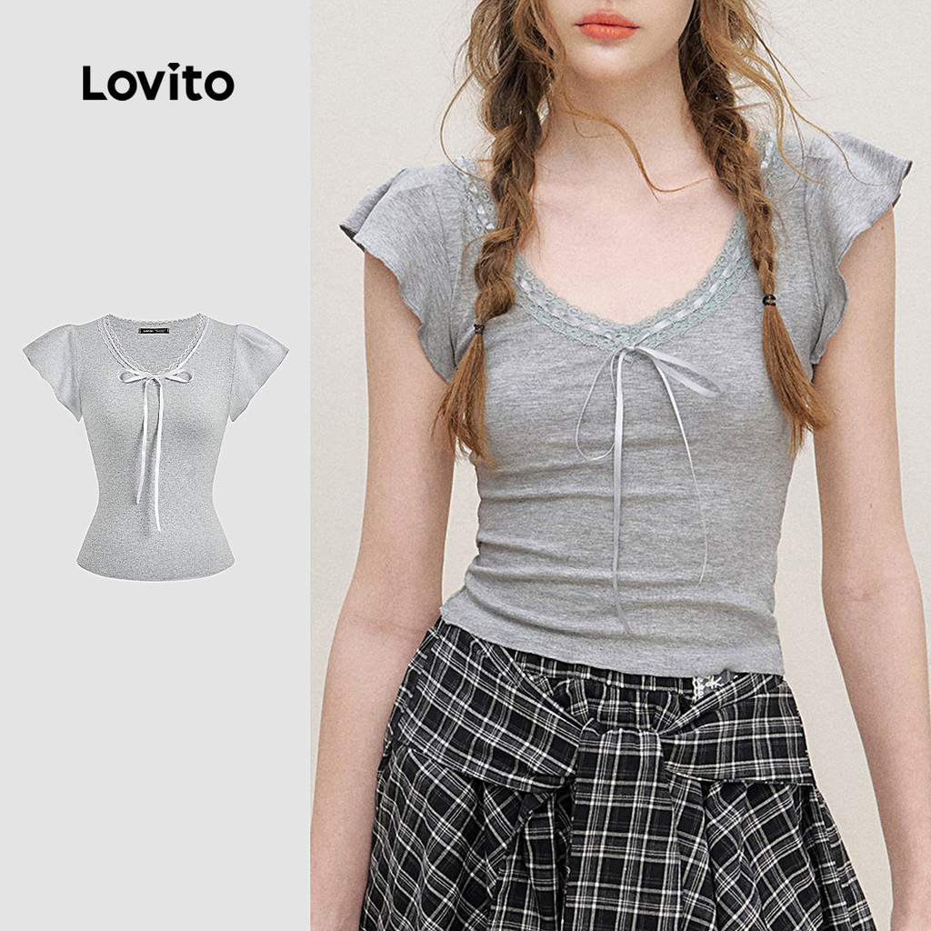 Lovito Camiseta Casual De Renda Com Cadarço, Primavera/verão, Cinza, Camiseta Feminina L151AD309 em Oferta na Shopee