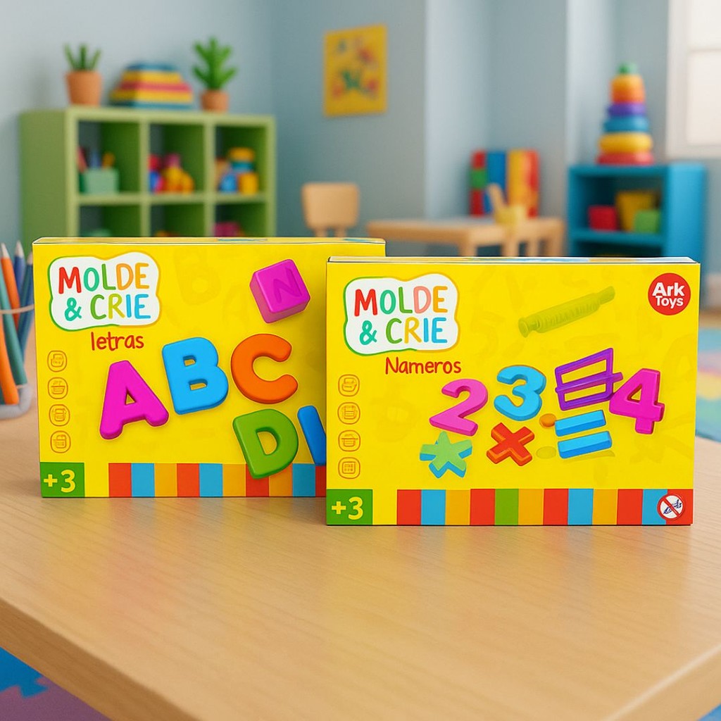 Kit Brinquedo Educativo Molde e Crie Letras e Números Infantil Ark Toys Massinha Didática +3 Anos