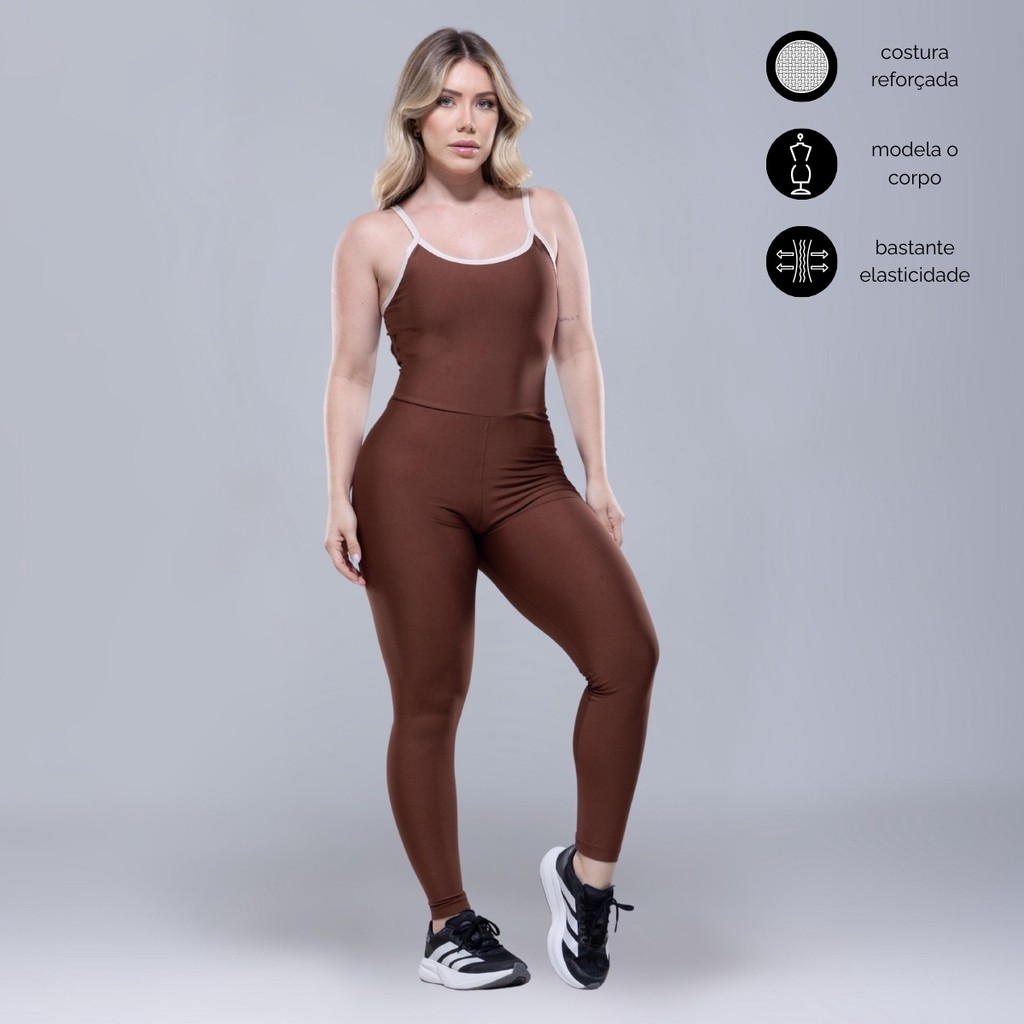 Macacão Fitness Academia Longo Costa Nua Detalhe Branco Moda