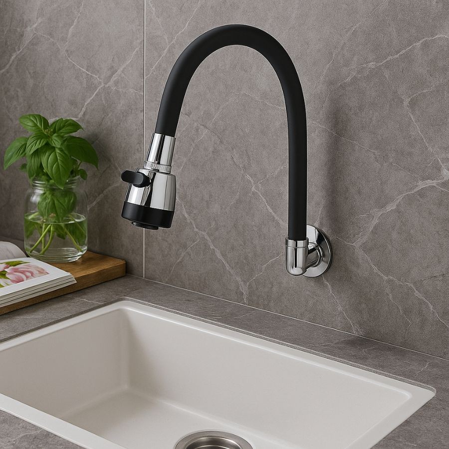 Torneira Parede Cozinha Gourmet Preta Flexivel 2 Jatos 1/4 de Volta Para Mesa Pia Bancada e Mármore
