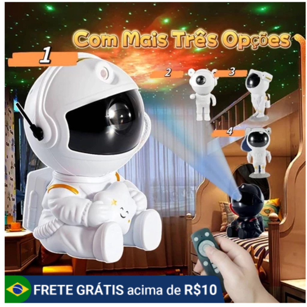 Mini Projetor Luz Noturna Astronauta – Decoração Quarto, Galáxia e Céu Estrelado com Luminária Giratória-BYB