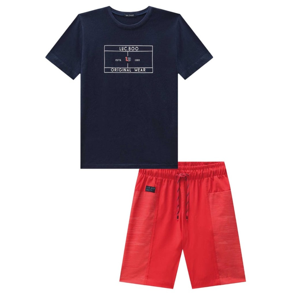 Conjunto Menino Infantil Camiseta Meia Malha e Bermuda em Nylon com Elastano  LucBoo