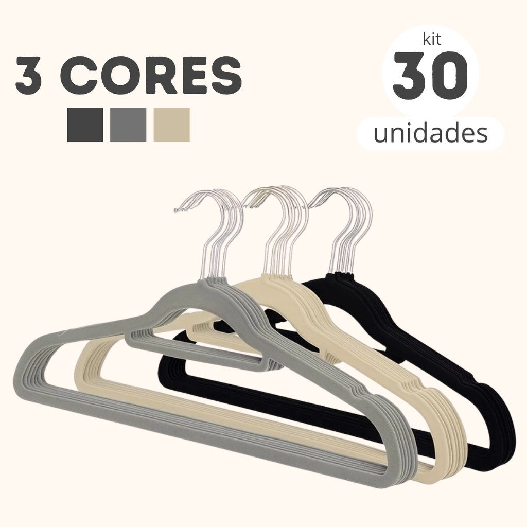 Kit 30 Cabides De Veludo Antideslizante Ultra Fino Slim Cinza Bege Preto