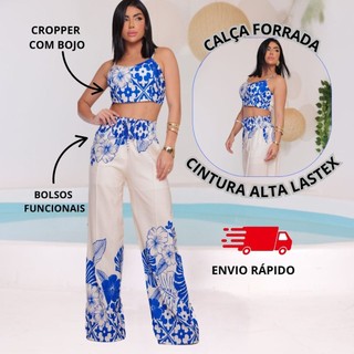 Conjunto Calça Pantalona Feminino Blusa Cropped Social-CALÇA COM FORRO E BOLSOS- Conjunto Feminino
