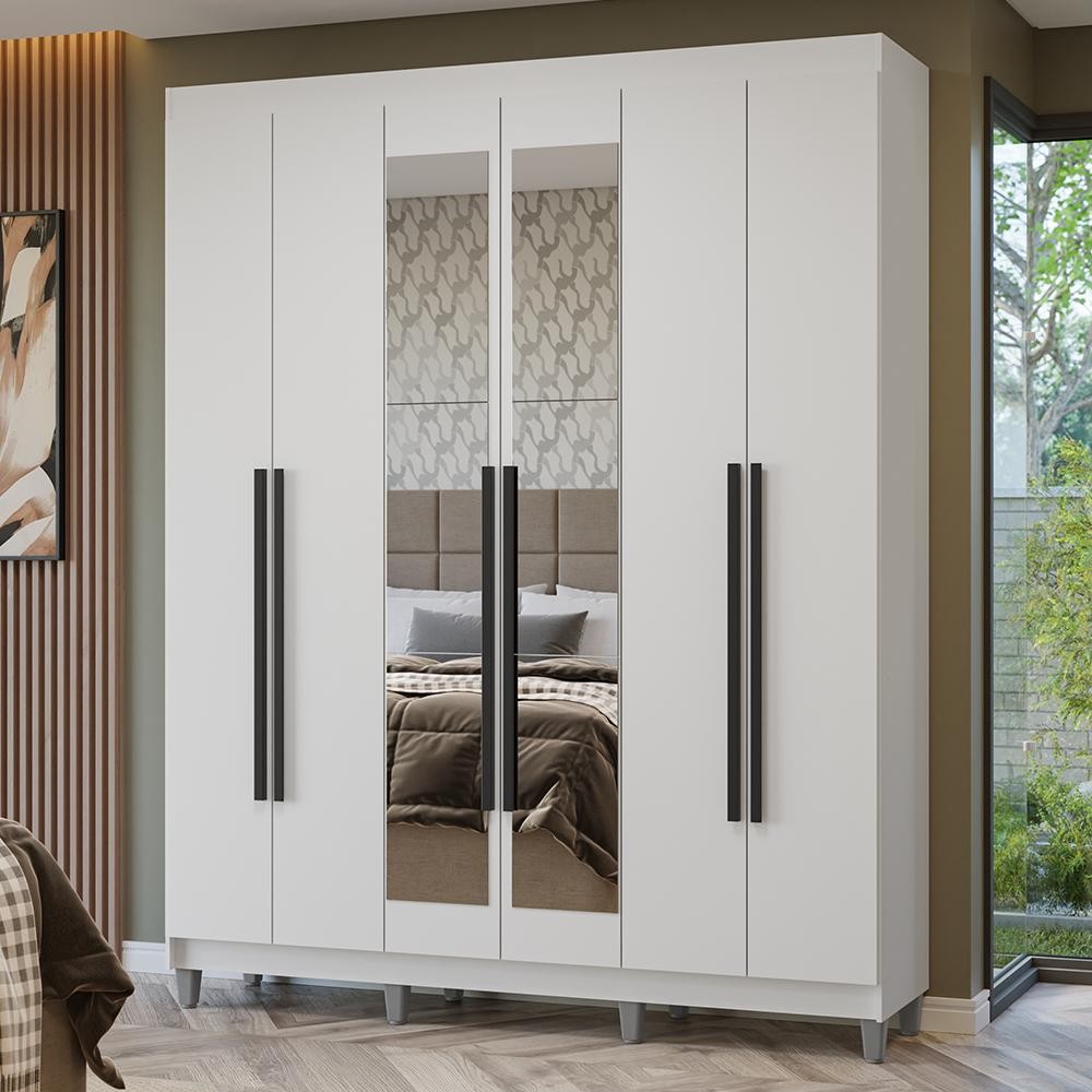 Guarda-Roupa Casal com Pés 6 Portas Batentes com Espelho Branco/Branco/Preto Netuno Madesa