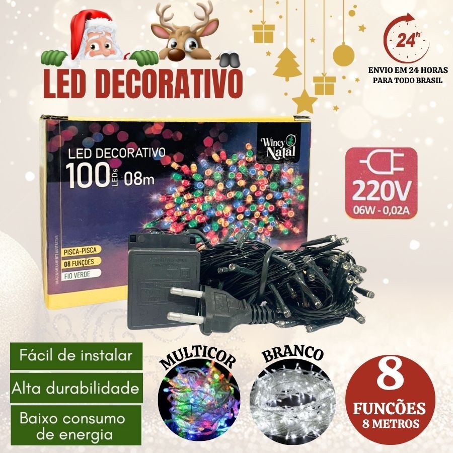 Pisca-Pisca De Led Para Decoração Natalina - 100 Leds Coloridos / Brancos 220V