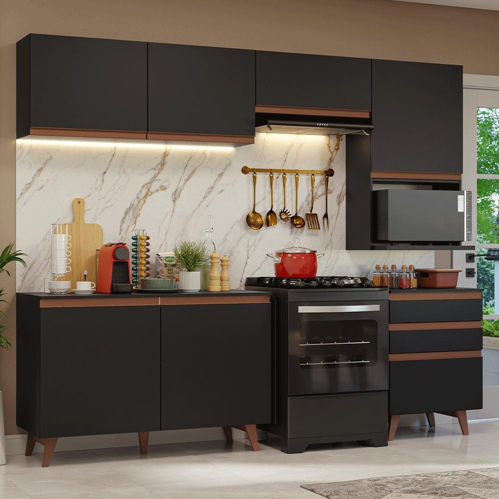 Armário de Cozinha Completa 250cm Preto Reims Madesa 08 em Oferta na Shopee