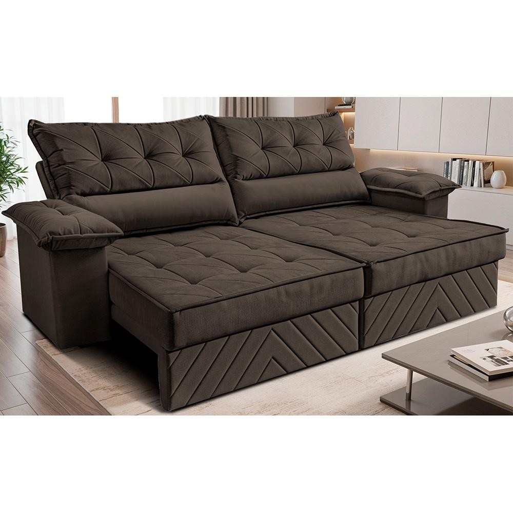 Sofá Retrátil e Reclinável 2,10m com Molas e Espuma D33 Thunder Velusoft Café Cama inBox em Oferta na Shopee