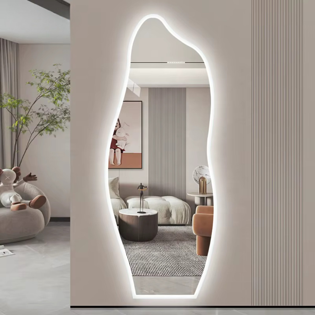 Espelho Orgânico 110X50cm de LED em Forma de Onda 3mm Lapidado de Corpo Inteiro Arte Moderna Sala de Estar/Quarto/Salão