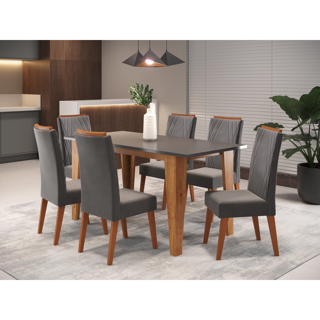 Mesa de Jantar Retangular Gales com 6 Cadeiras Madeira Maciça Vegas  Mel/Grafite em Oferta na Shopee