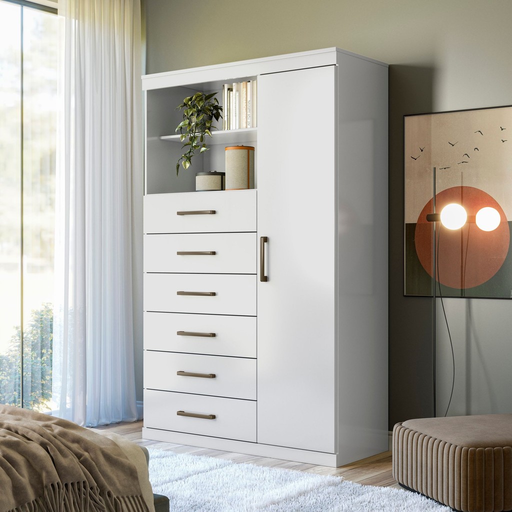 Multi-Cômoda 1 Porta 6 Gavetas Marabá Branco em Oferta na Shopee