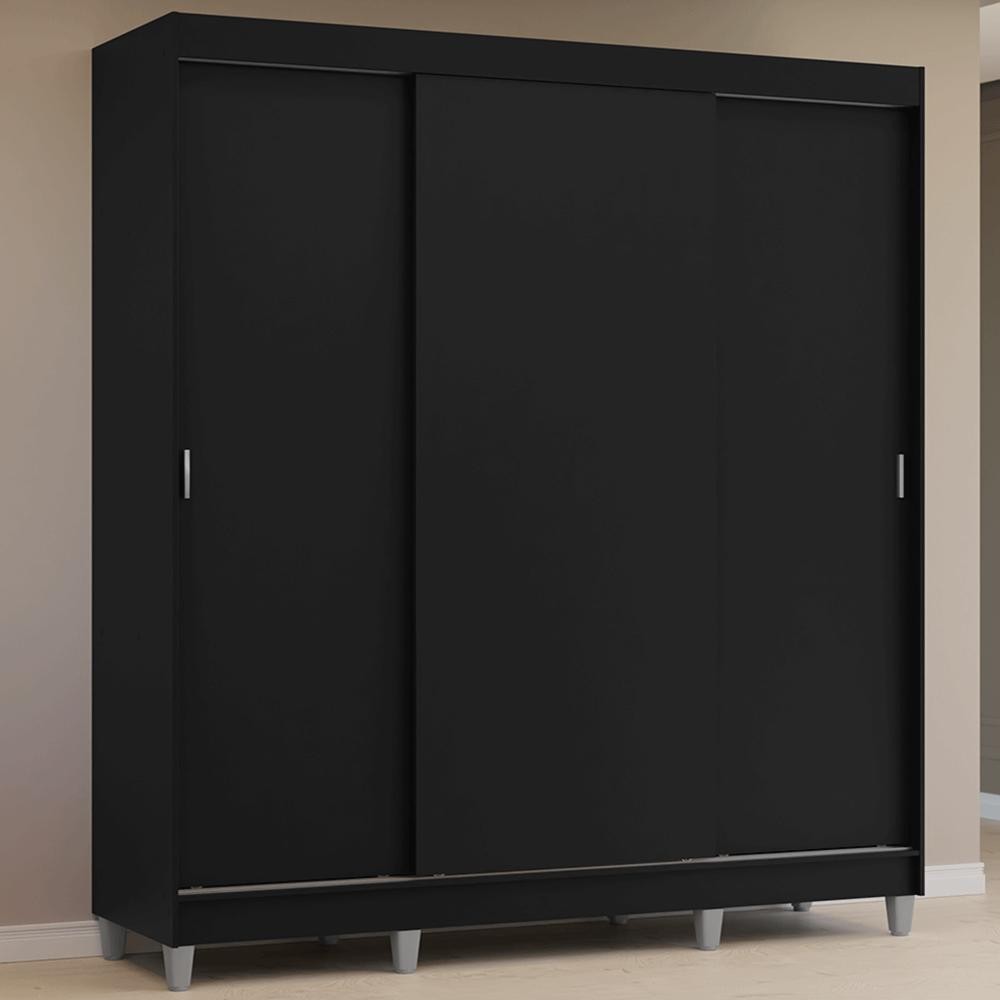 Guarda-Roupa Casal com Pés 3 Portas de Correr Preto Reno Madesa em Oferta na Shopee