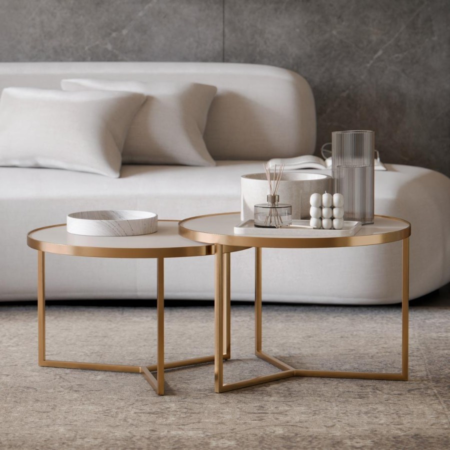 Kit 2 Mesas Mesinhas de Centro para Decoração para Sala  - Metal Dourada com Tampo de Vidro Off White Laqueado em Oferta na Shopee