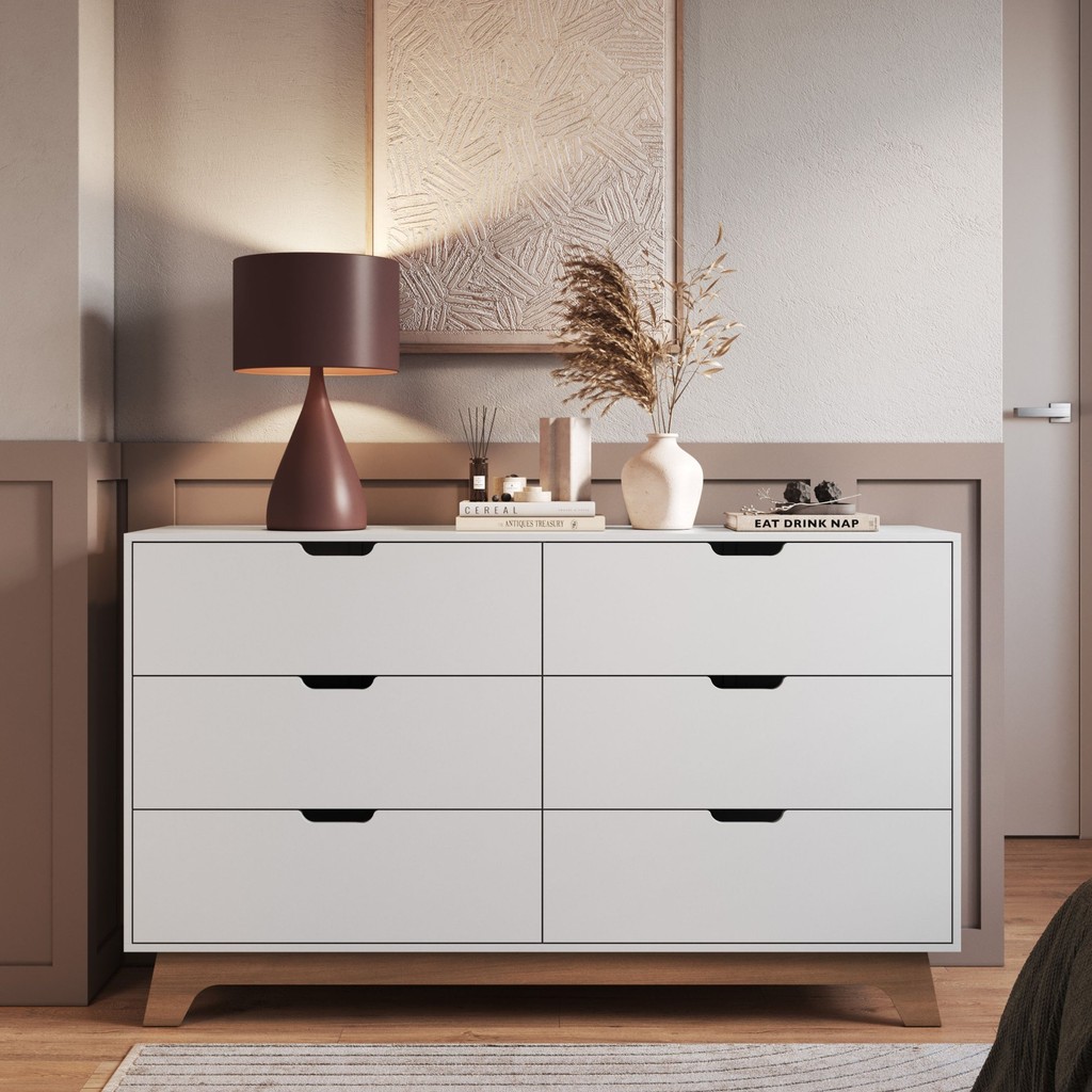 Cômoda para Quarto 6 Gavetas MDF Alice Branco/Louro Freijo em Oferta na Shopee