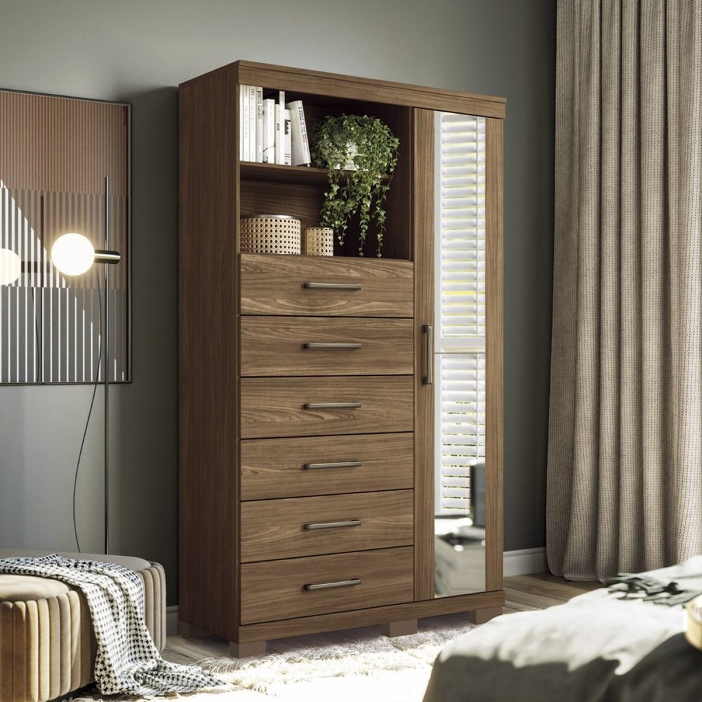Multi-cômoda 1 Porta 6 Gavetas Marabá com Espelho e Pés Jatoba em Oferta na Shopee
