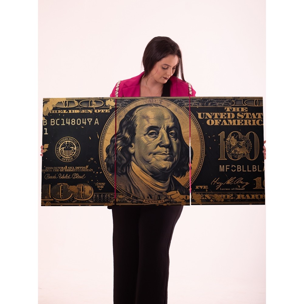 Quadro Decorativo Cédula 100 Dólares Dourado e Preto Arte Moderna Luxo para Sala Escritório