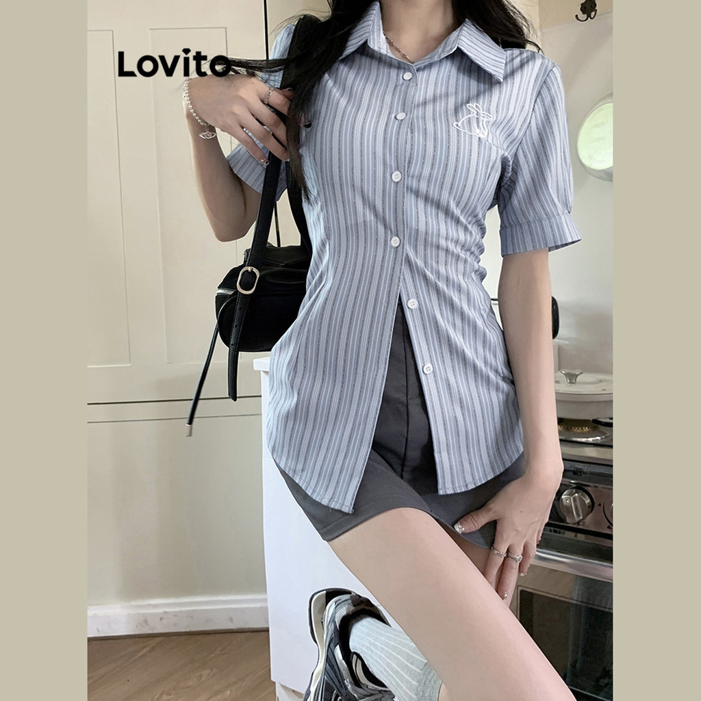 Detalhes do Lovito Blusa Social Bordada Listrada Com Gola de Botões e Manga Bufante Feminina L58AD035 (Azul)
