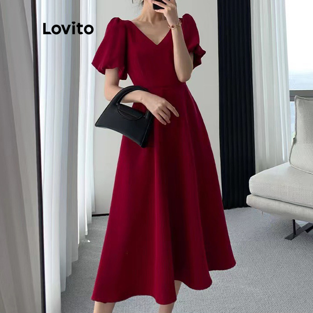 Detalhes do Lovito Vestido Elegante Liso Com Decote Em V Manga Curta Vestido Midi Evasê Para Mulheres LNE09088 (Multicolorido)
