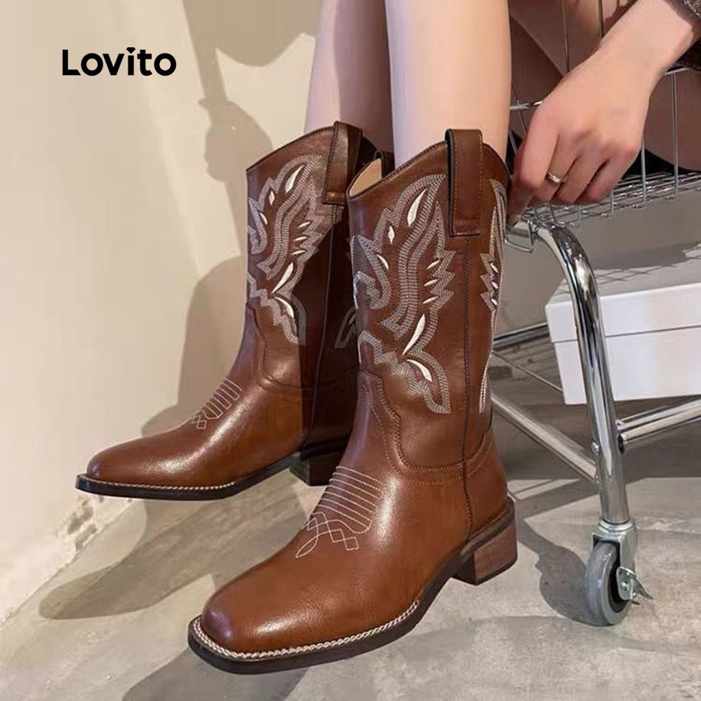 Detalhes do Lovito Botas Casuais Femininas Tubo Médio Simples LFA79038