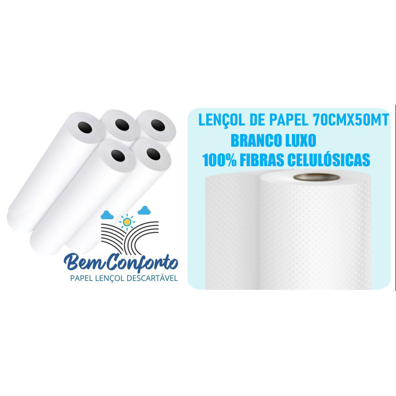PAPEL LENÇOL DESCARTÁVEL 100% CELULOSE VIRGEM 50 CM X 50 METROS SAUDE BEM CONFORTO