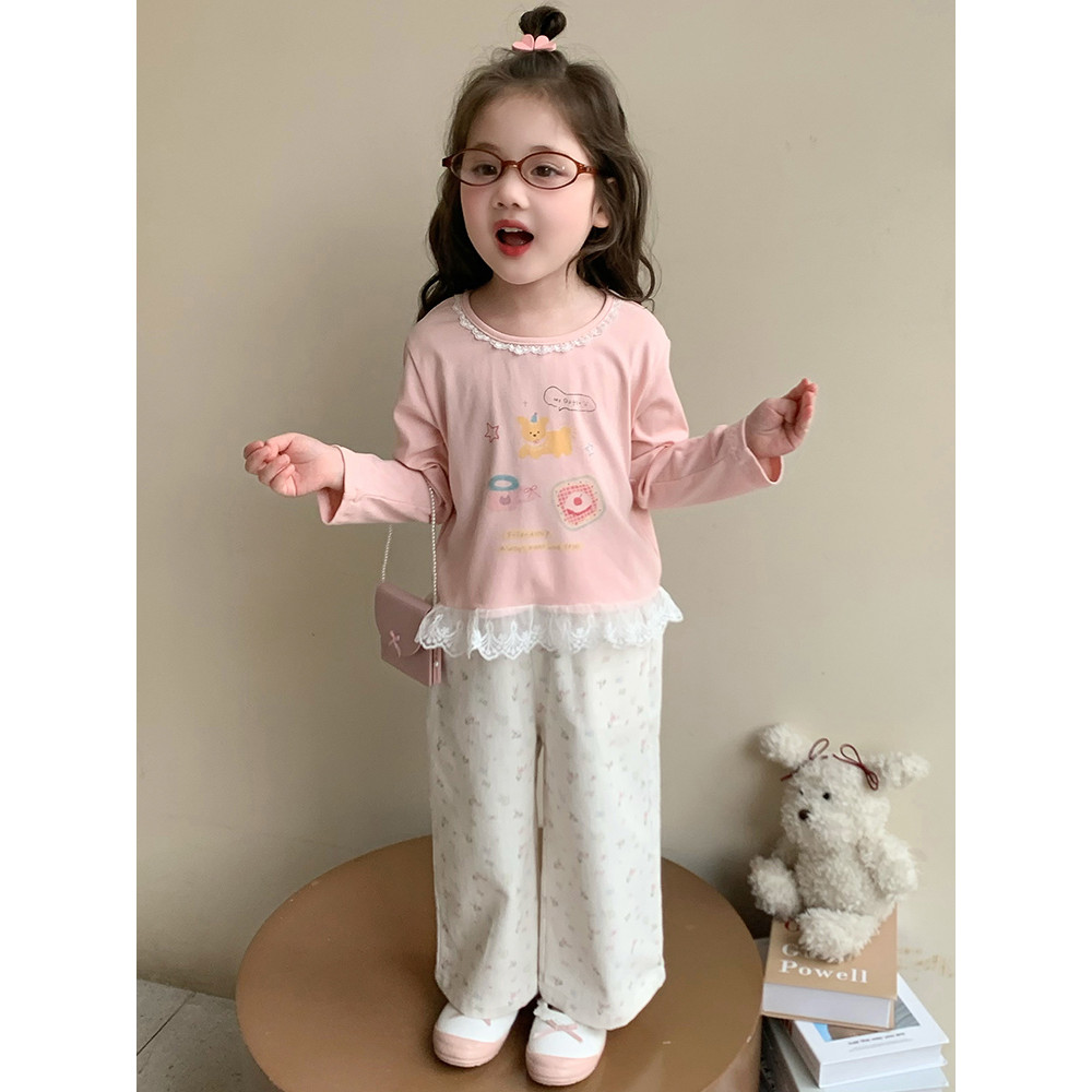 Camiseta de renda infantil manga comprida moda roupas infantis Tops infantis camisas de fundo primavera outono meninas c