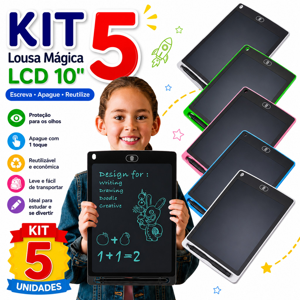 Kit 5 Lousa Mágica LCD 10 Polegadas Infantil Tablet de Escrita e Desenho Educativo