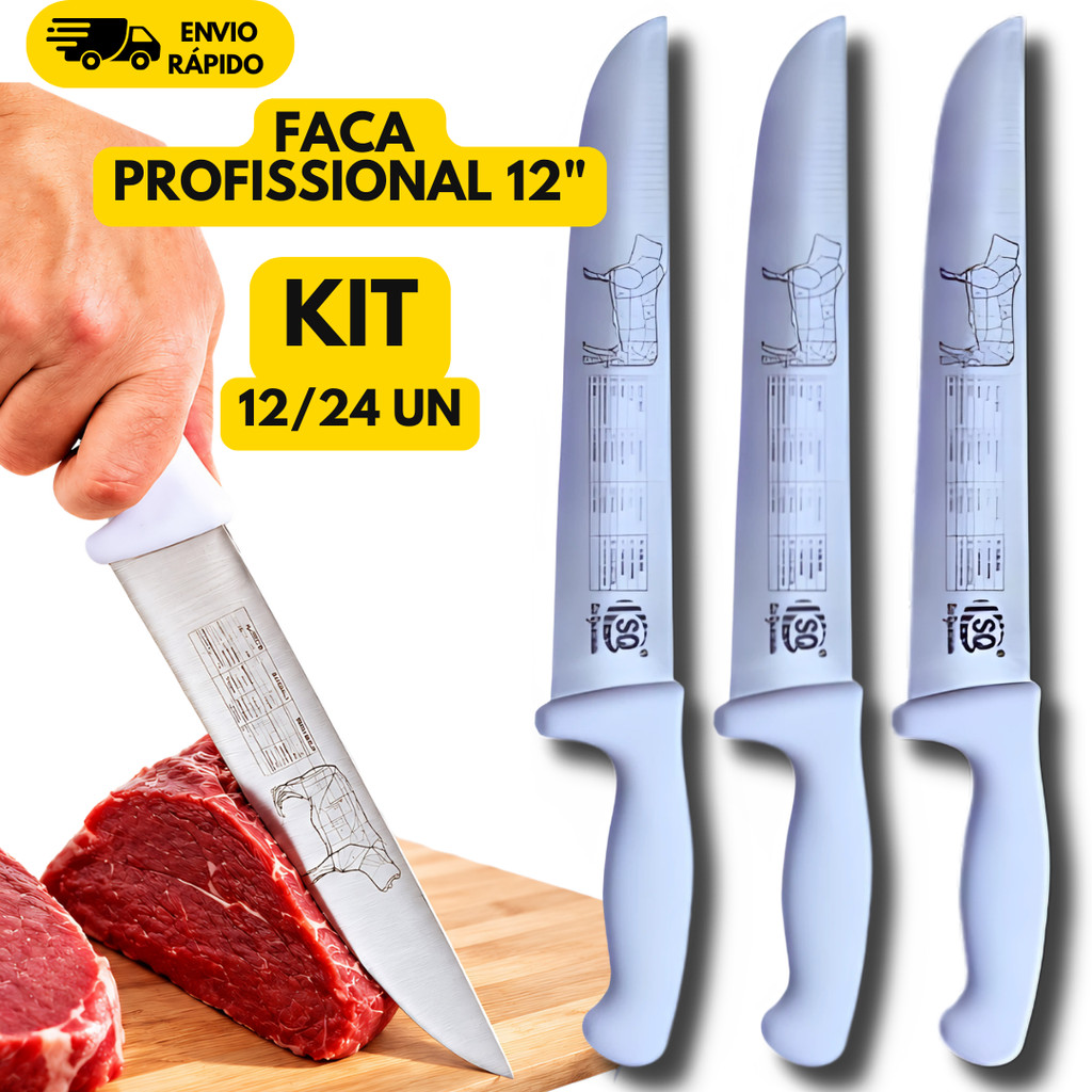 Kit 12 Faca Profissional 12" Inox Cozinha Açougue Churrascaria Peixaria Peixeira Facão