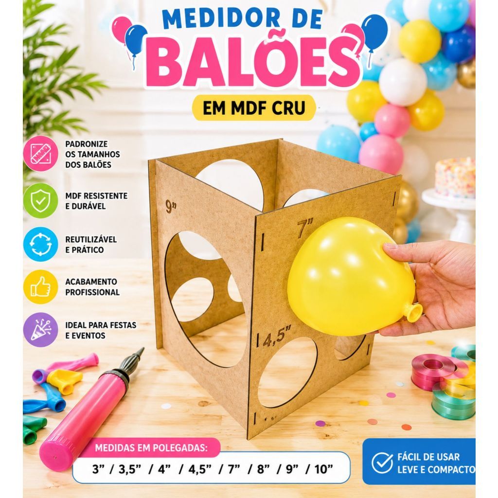Gabarito Medidor para Balões e Bexigas em MDF Cru Molde para Padronização de Balões para Festas e Eventos