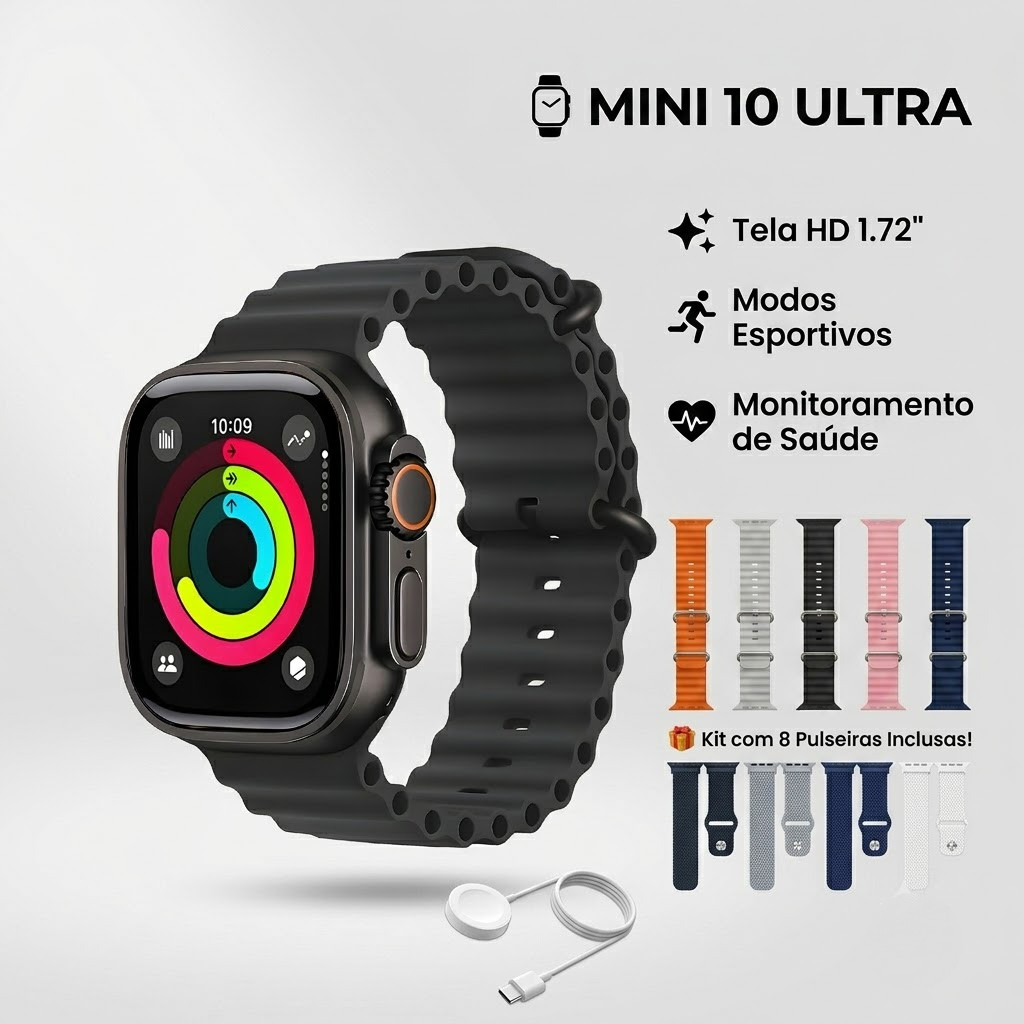 Smartwatch Mini 10 Ultra 41mm Tela 1.72" Monitor Saúde Kit 8 Pulseiras HD