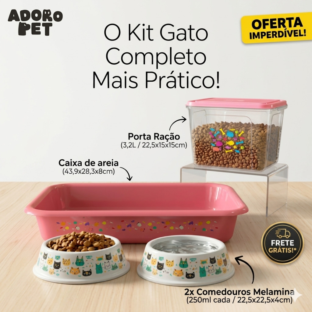 Kit Gato Rosa Premium 4 Peças Caixa Sanitária Porta Ração Hermético e Potes Melamina