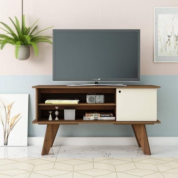 Rack para TV até 50 Polegadas MDF 120cm 1 Portas 2 Nichos Frank Marrom Pinho/Off White Pinho/Off White