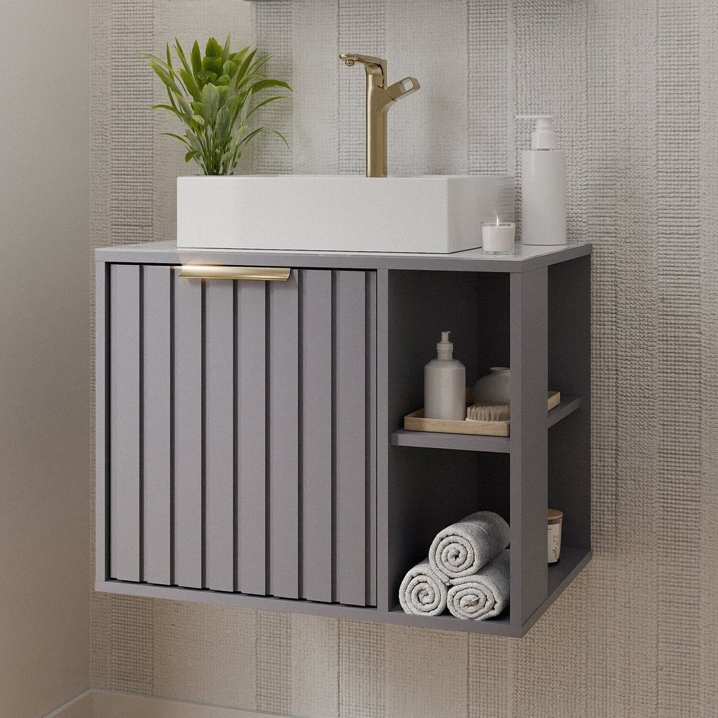 Gabinete para Banheiro 60cm com 1 Porta 2 Nichos e Cuba de Sobrepor Noruega Cinza/Platina Platina