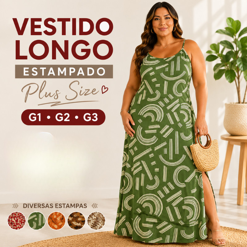 Vestido Longo Plus Size Feminino Estampado Viscolycra G1 G2 G3  Fenda Lateral Soltinho Confortável |4248| Pronta Entrega