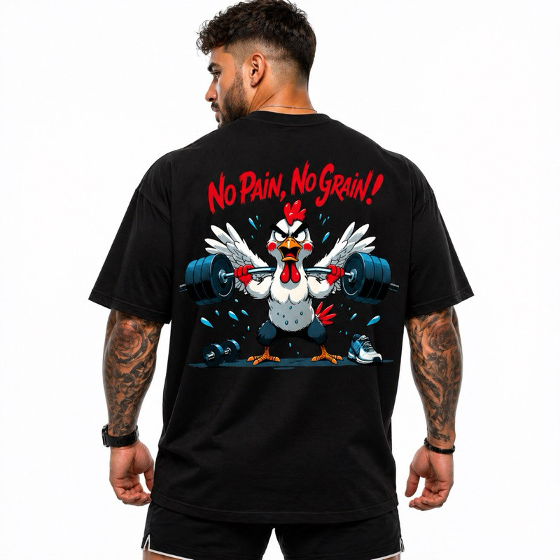 Camiseta Oversized Masculina Estampada Academia Streetwear No Pain No Gain Algodão Premium Costas Estampa Grande