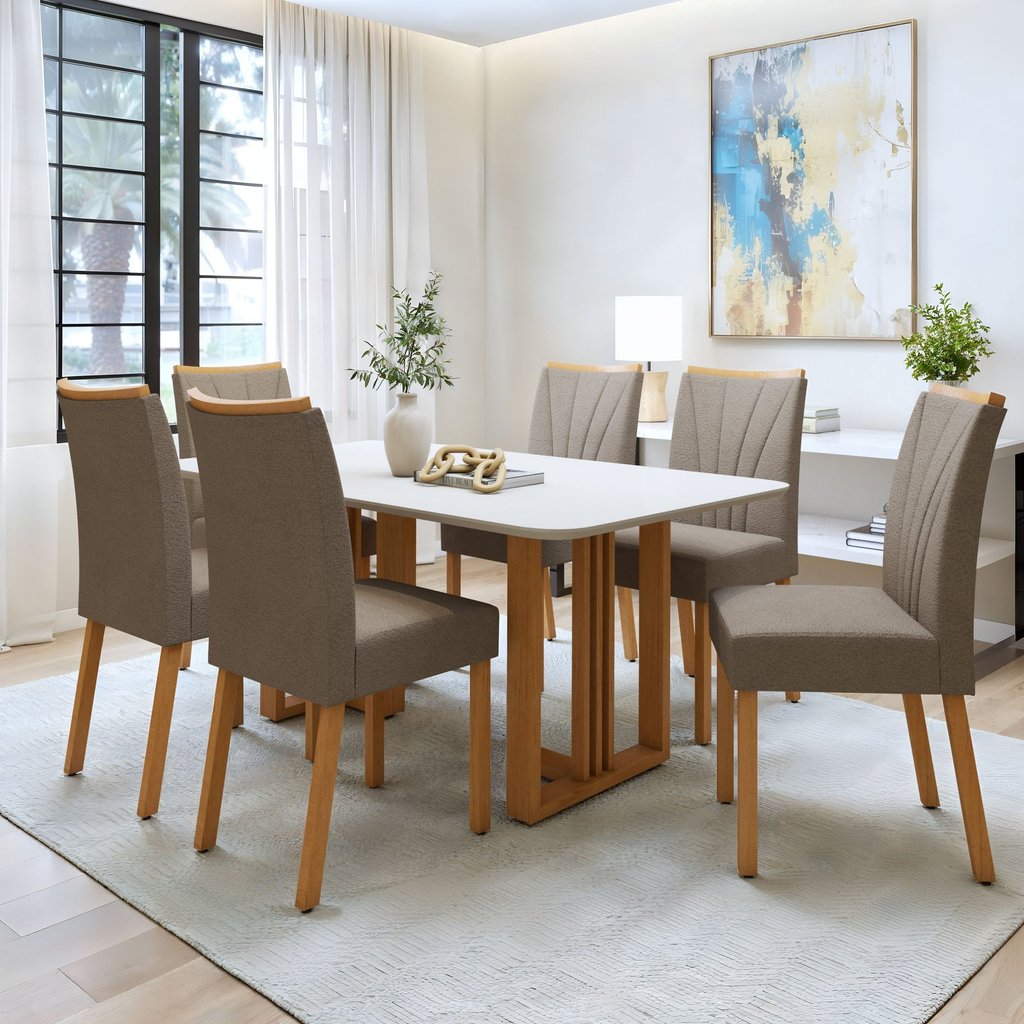 Conjunto Sala de Jantar 6 Lugares Retangular Tampo MDF Mesa Bold com Cadeiras Pés Madeira Jade Amêndoa Clean/Off