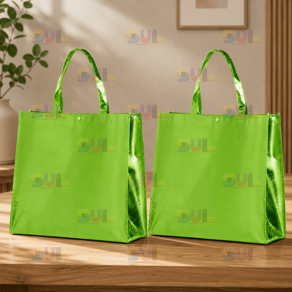 Kit 2 Sacola TNT Metalizada Verde Fluorescente Presente Festa Loja Embalagem Brilhante Reutilizável