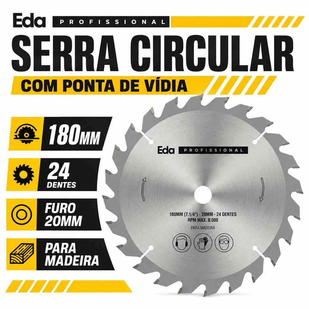 Disco Serra Circular 180mm 24 Dentes Vídea Para Madeira MDF Compensado Corte Preciso Furo 20mm - EDA