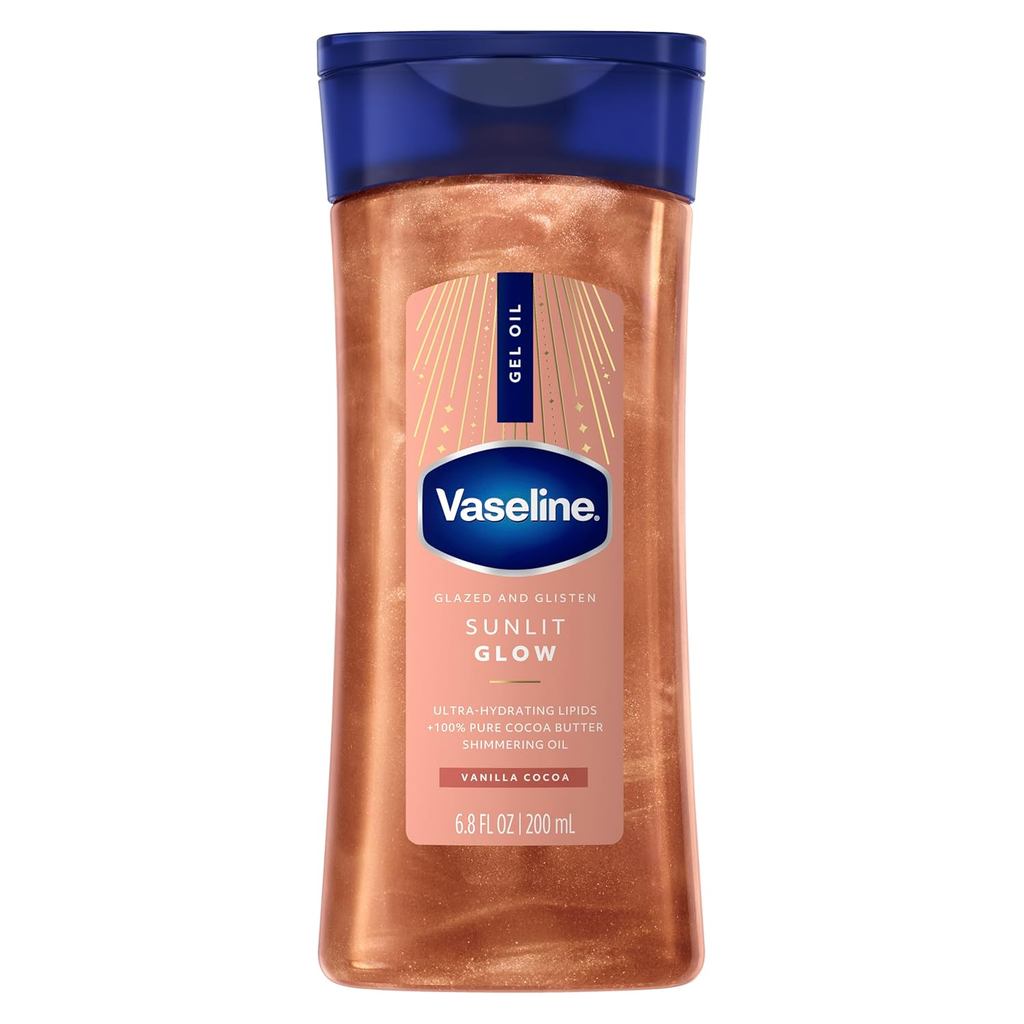 Vaseline Glazed Shine Sunlight Glow Body Gel Oil Vanilla Cocoa Shine, contém lipídios ultra-hidratantes e 100% de mantei